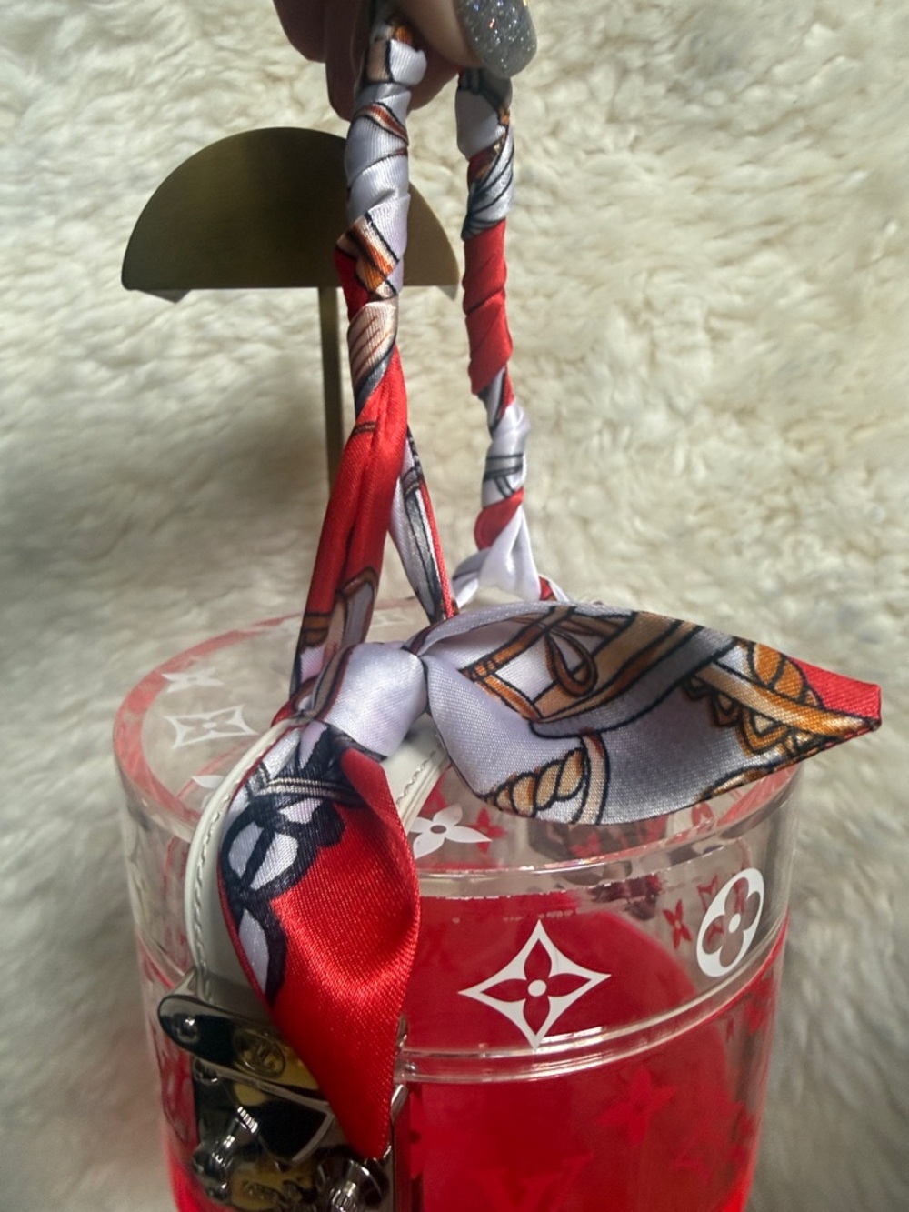 Louis Vuitton Clear Monogram Scott Case and Silk Scarf - White and Neon Red - Picture 5 of 9